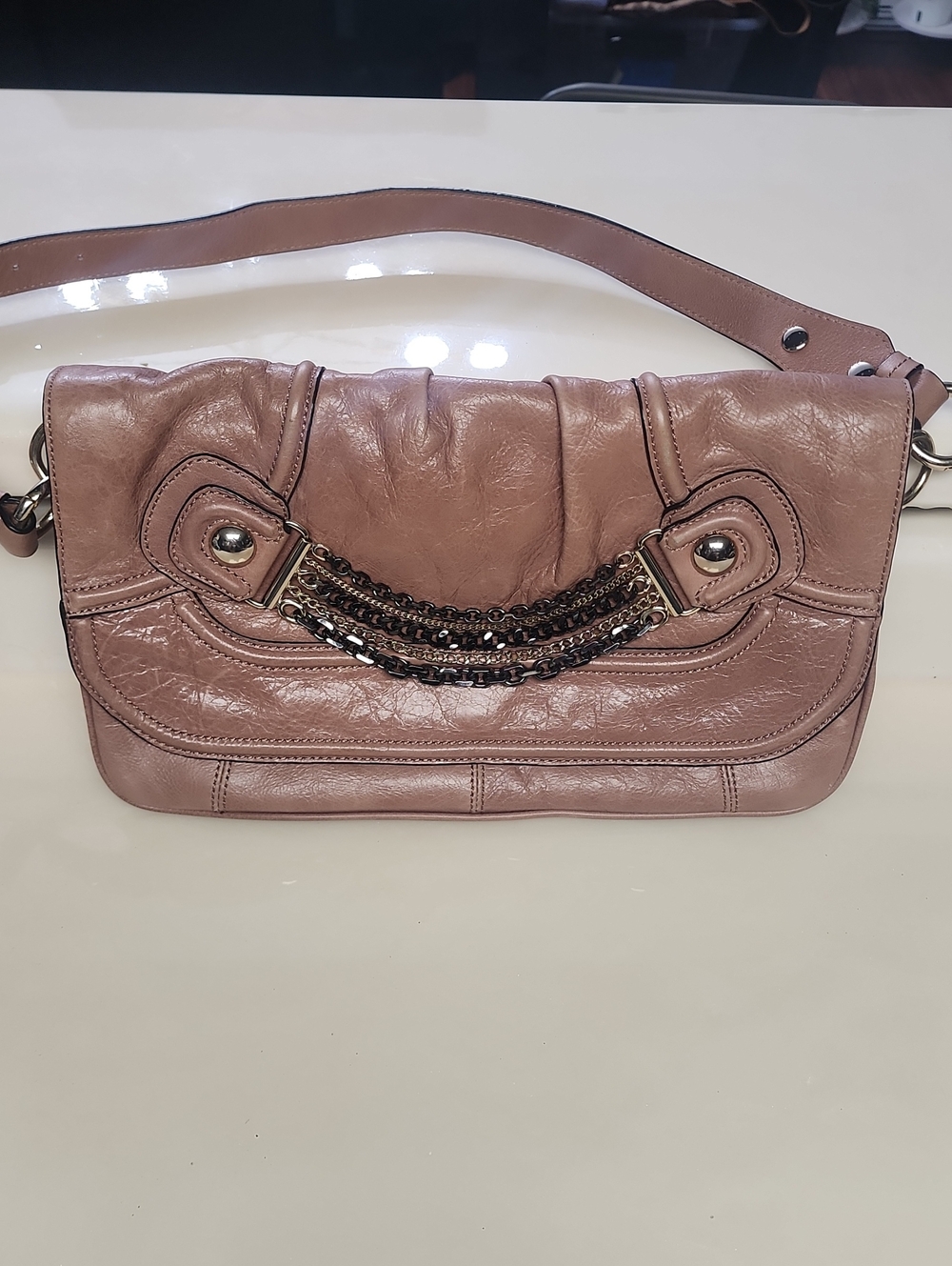Guess by Marciano Blush Pink Leather Chain-Accent Wristlet